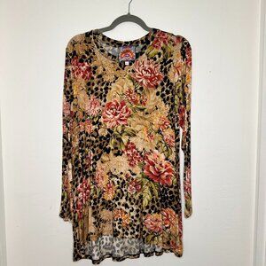 Johnny Was - Floral and Cheetah Print Long Sleeve Shirt Size L